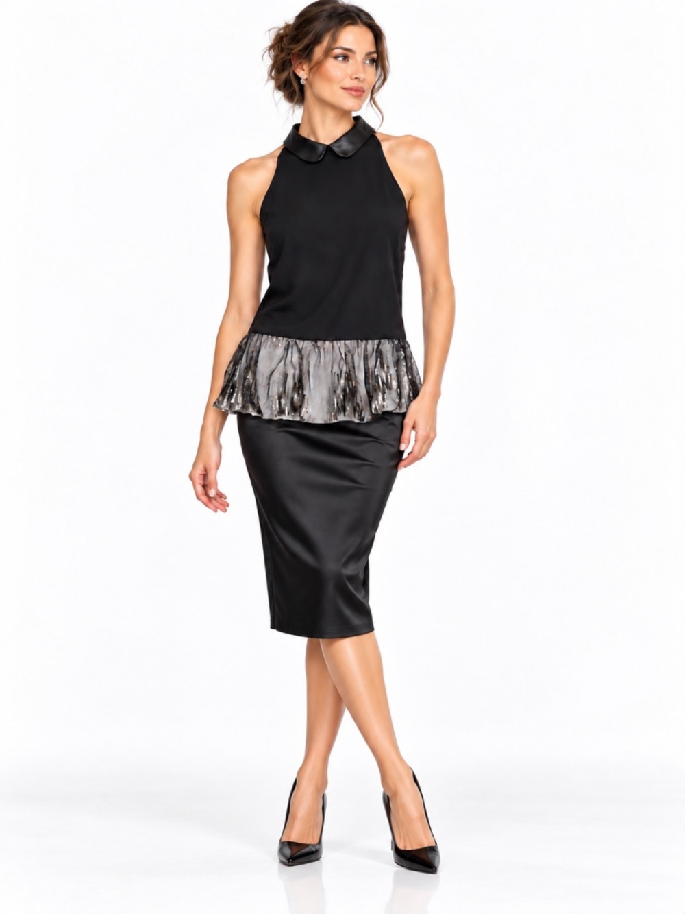 BCBGeneration Black Faux Leather Collar Witchy Sequin Sheer Back Blouse Size L